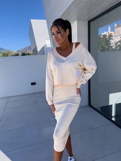 Women’s Sweatshirt Dress Set – Cotton Blend – Slim Fit – V-Neck Top – Midi Skirt
