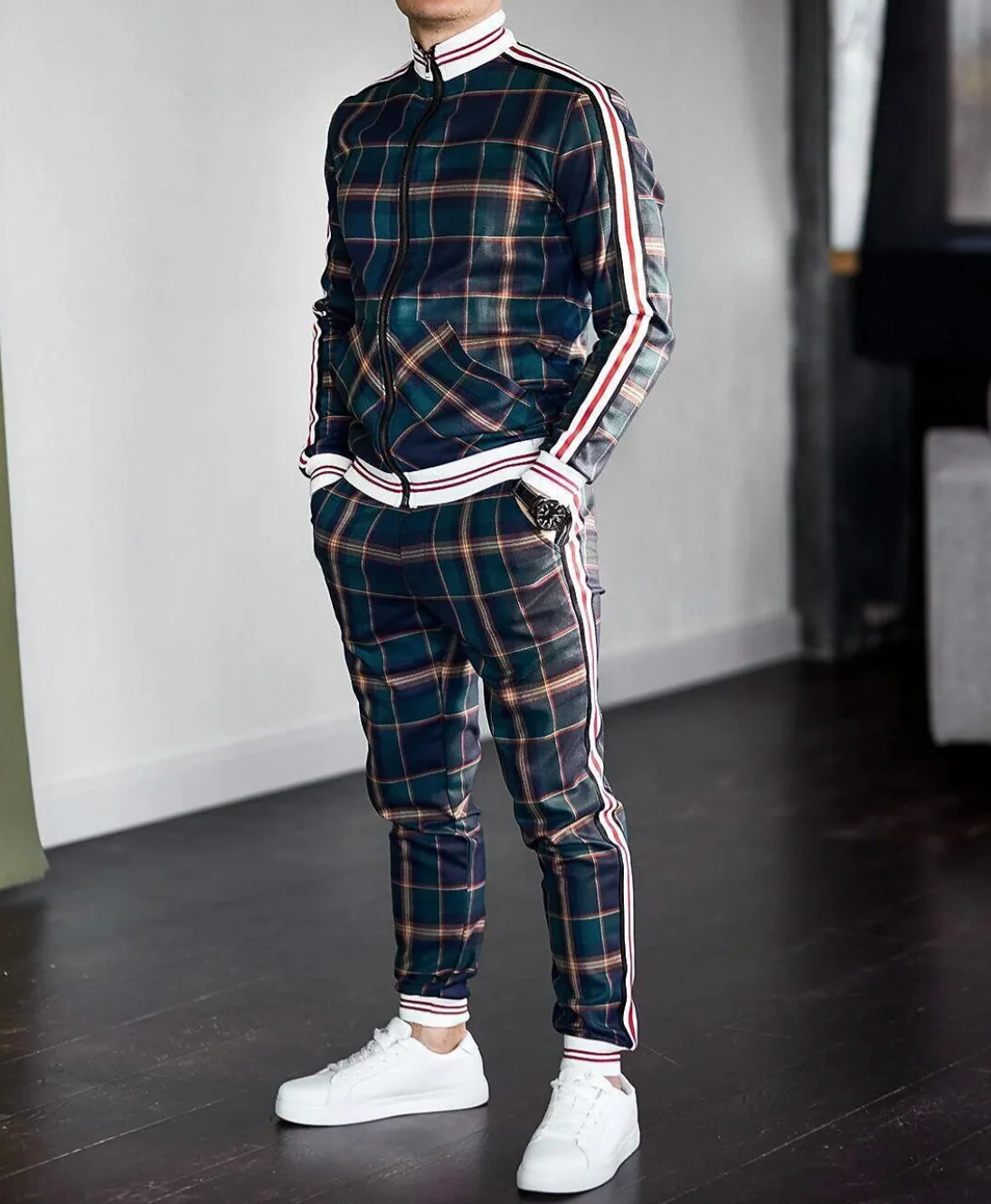 Men’s Tracksuit Set – Slim Fit – Zip Jacket with Stripes – Plaid Pattern – Tapered Pants