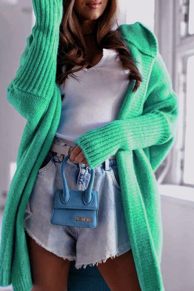 Women’s Knit Cardigan – Oversized Fit – Hooded – Open Front – Ribbed Hem Layering Piece