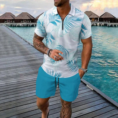 Men’s Polo Shirt – Slim Fit – Zip Neck – Tropical Print – Short Sleeve