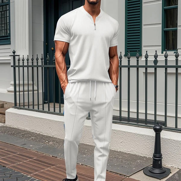 Men’s Fitness Set – Slim Fit – Short Sleeve Zip Top – Drawstring Full-Length Pants