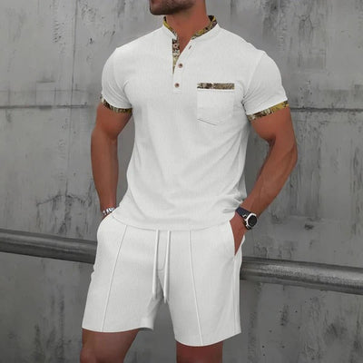Men’s Casual Set – Slim Fit – Cotton Feel – Chest Pocket – Button Placket – Drawstring Shorts