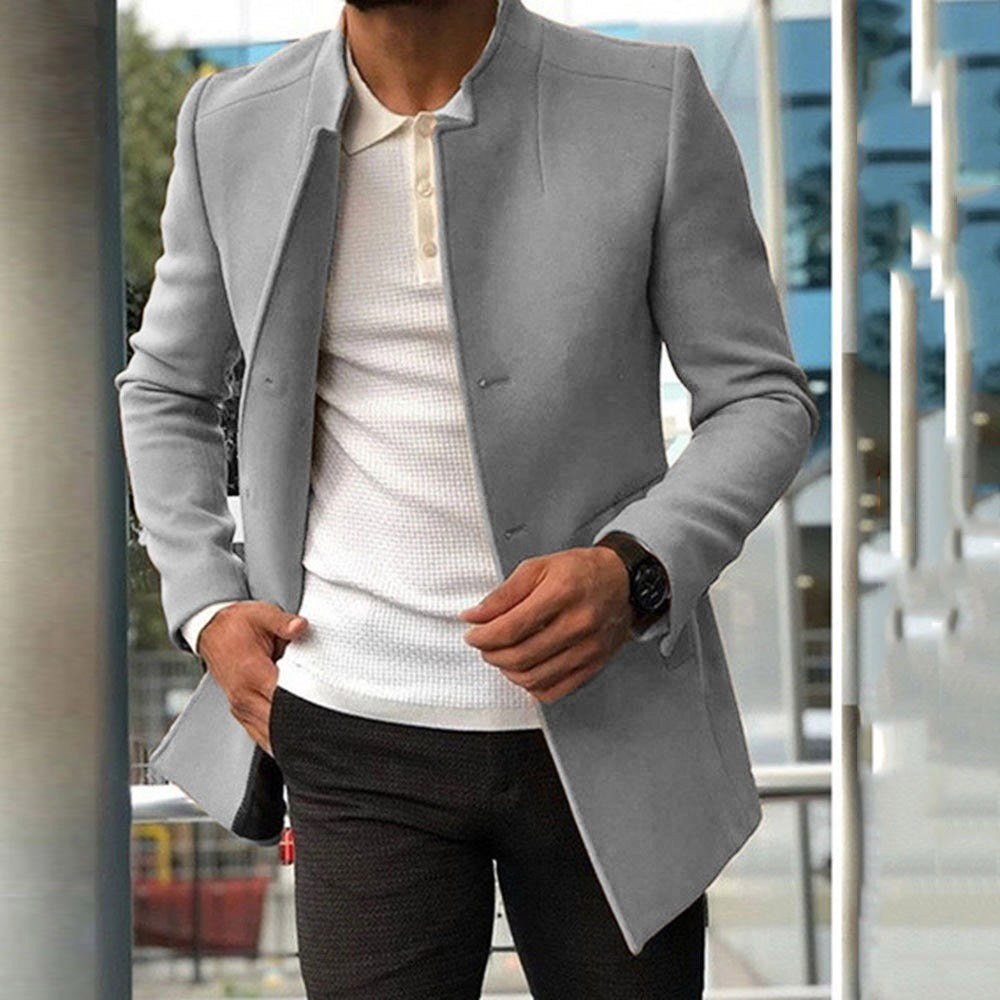 Men’s Wool Coat – Slim Fit – Mandarin Collar – Mid Length Tailored Outerwear