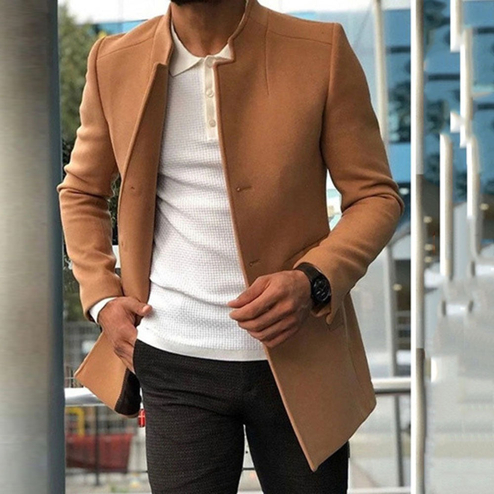 Men’s Wool Coat – Slim Fit – Mandarin Collar – Mid Length Tailored Outerwear