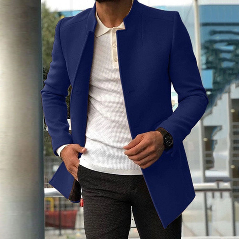 Men’s Wool Coat – Slim Fit – Mandarin Collar – Mid Length Tailored Outerwear