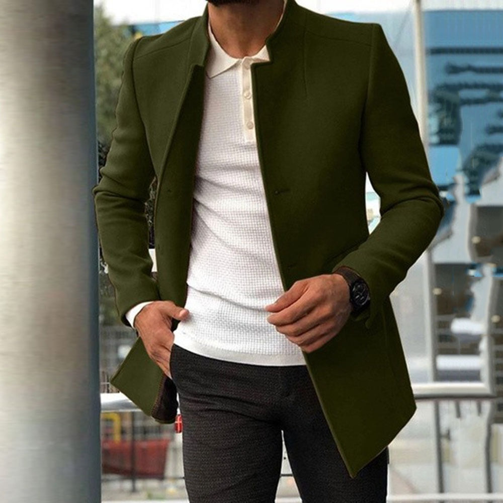 Men’s Wool Coat – Slim Fit – Mandarin Collar – Mid Length Tailored Outerwear