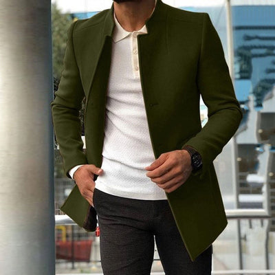 Men’s Wool Coat – Slim Fit – Mandarin Collar – Mid Length Tailored Outerwear