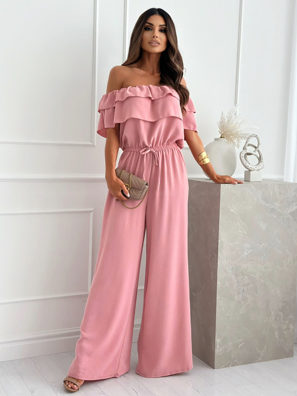 Women’s Jumpsuit – One-Shoulder Ruffle – Wide Leg – Waist Tie – Cotton Fabric