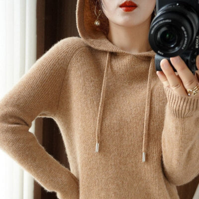 Women’s Hooded Pullover – Wool Blend – Relaxed Fit – Ribbed Hem – Long Sleeve