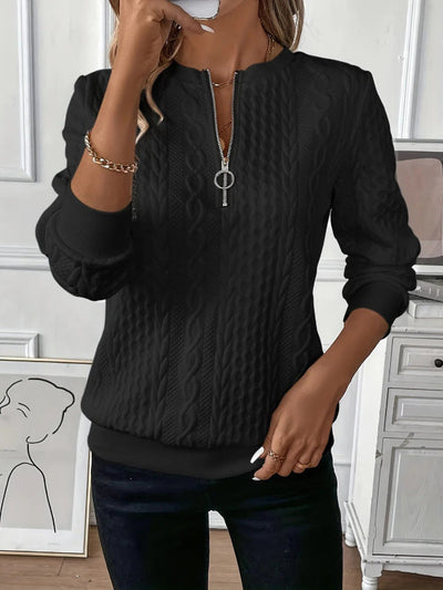 Women’s Half-Zip Sweatshirt – Relaxed Fit – Cable Knitted – Ribbed Hem and Cuffs