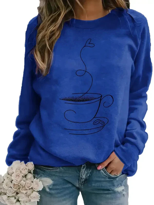 Women’s Sweatshirt – Relaxed Fit – Cotton Blend – Crew Neck – Coffee Cup Graphic