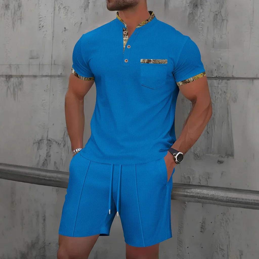 Men’s Casual Set – Slim Fit – Cotton Feel – Chest Pocket – Button Placket – Drawstring Shorts