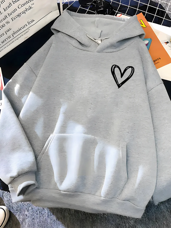 Women’s Hooded Sweatshirt – Relaxed Fit – Cotton Blend – Heart Print – Kangaroo Pocket