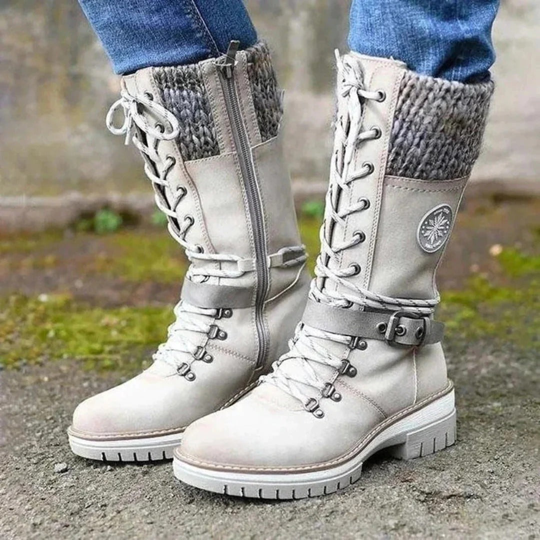 Women’s Knee-High Boots – Wool Knit Cuff – Lace-Up – Side Zipper – Buckle Strap