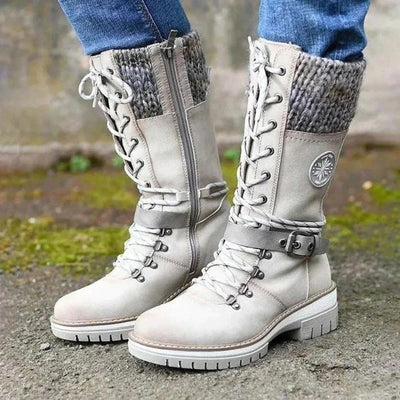 Women’s Knee-High Boots – Wool Knit Cuff – Lace-Up – Side Zipper – Buckle Strap