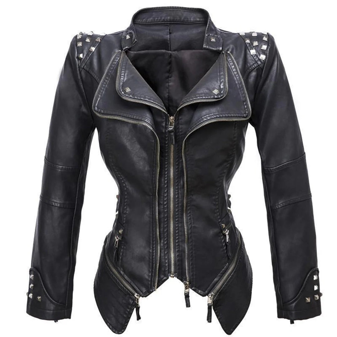 Women’s Biker Jacket – Slim Fit – Faux Leather – Studded Shoulders – Zip Closure