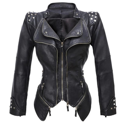 Women’s Biker Jacket – Slim Fit – Faux Leather – Studded Shoulders – Zip Closure