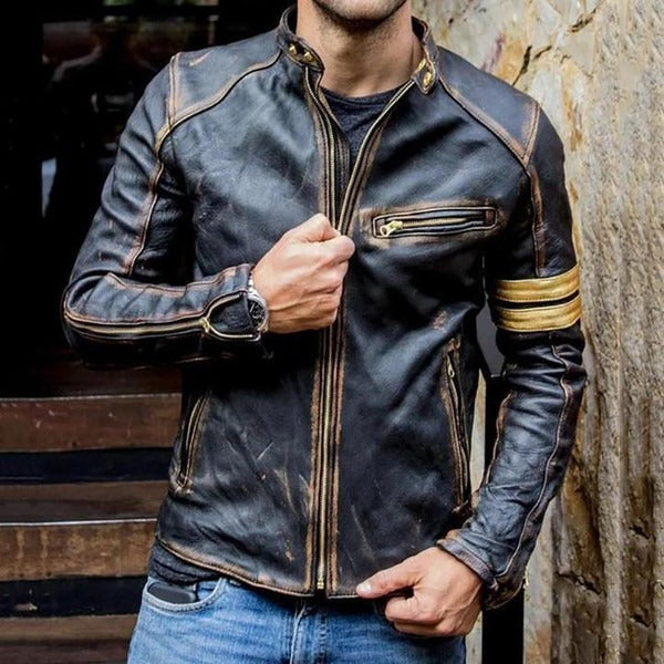 Men’s Bomber Jacket – Slim Fit – Leather Look – Zipper Front – Arm Patch Detail
