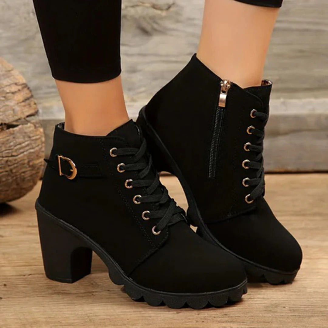 Women’s Ankle Boots – Lace-Up with Zipper – Buckle Detail – Chunky Heel Sole