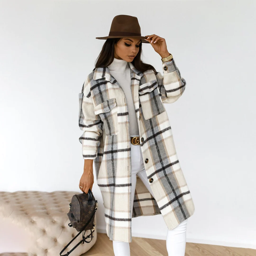 Women’s Long Coat – Relaxed Fit – Checkered Wool Feel – Button Front – Flap Pockets
