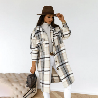 Women’s Long Coat – Relaxed Fit – Checkered Wool Feel – Button Front – Flap Pockets