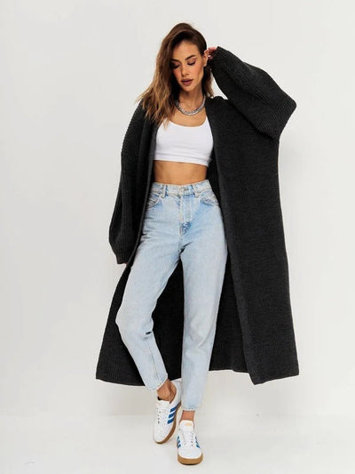Women’s Long Knit Cardigan – Oversized Fit – Wool Feel – Open Front – Full Length