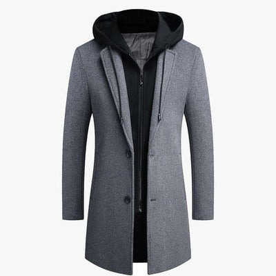 Men’s Coat – Tailored Fit – Wool Blend – Detachable Hood – Mid-Length Smart Style