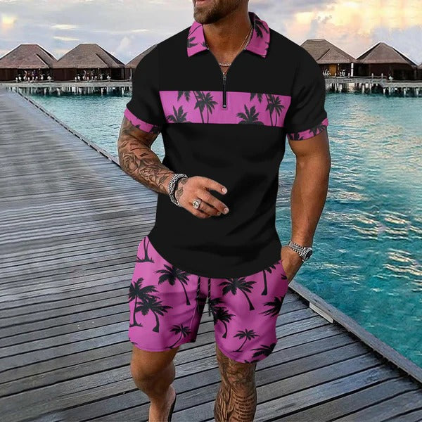 Men’s Casual Suit Set – Tropical Print – Zip Polo Shirt – Drawstring Shorts – Regular Fit