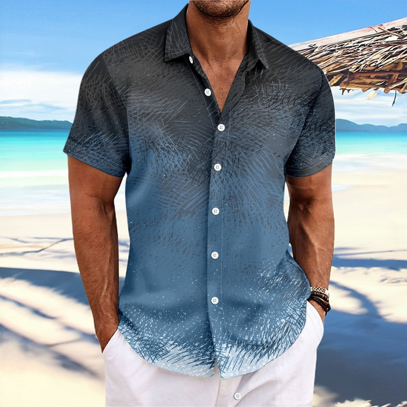 Men’s Short Sleeve Shirt – Relaxed Fit – Cotton Blend – Gradient Stripe – Button-Up