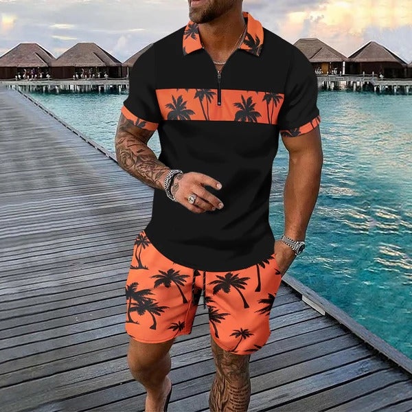 Men’s Casual Suit Set – Tropical Print – Zip Polo Shirt – Drawstring Shorts – Regular Fit