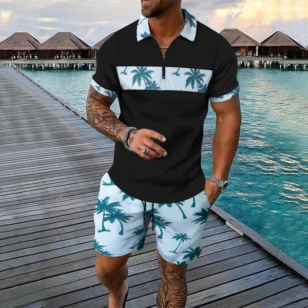 Men’s Casual Suit Set – Tropical Print – Zip Polo Shirt – Drawstring Shorts – Regular Fit