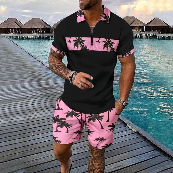Men’s Casual Suit Set – Tropical Print – Zip Polo Shirt – Drawstring Shorts – Regular Fit