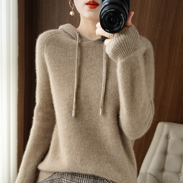 Women’s Hooded Pullover – Wool Blend – Relaxed Fit – Ribbed Hem – Long Sleeve