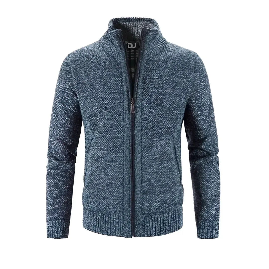 Men’s Zip-Up Cardigan – Slim Fit – Wool Knit – Ribbed Cuffs – Contrast Trim
