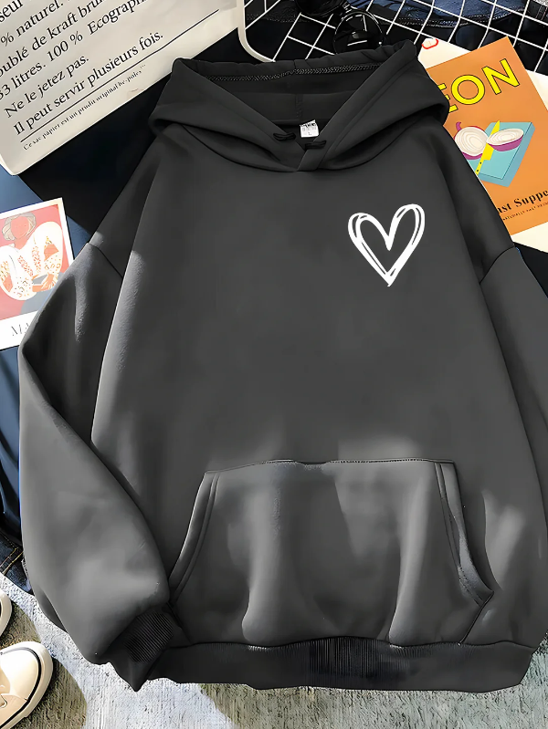 Women’s Hooded Sweatshirt – Relaxed Fit – Cotton Blend – Heart Print – Kangaroo Pocket