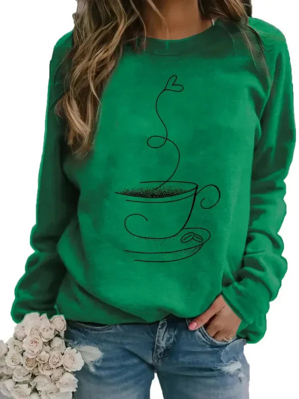 Women’s Sweatshirt – Relaxed Fit – Cotton Blend – Crew Neck – Coffee Cup Graphic