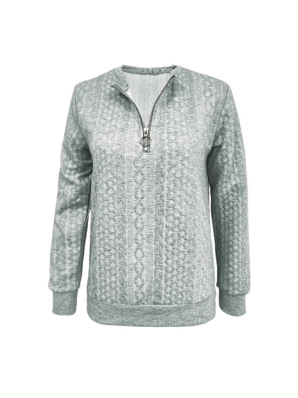 Women’s Half-Zip Sweatshirt – Relaxed Fit – Cable Knitted – Ribbed Hem and Cuffs