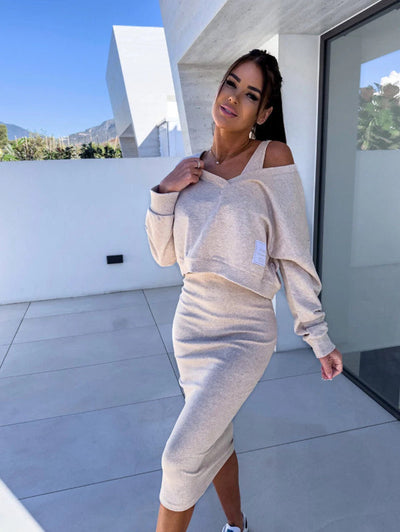 Women’s Sweatshirt Dress Set – Cotton Blend – Slim Fit – V-Neck Top – Midi Skirt
