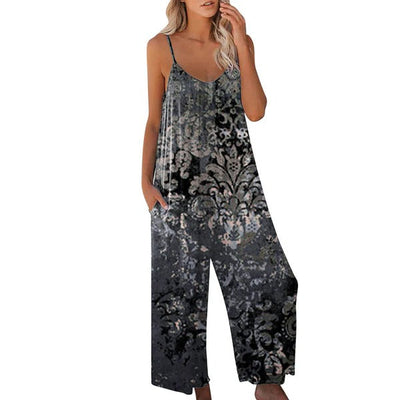 Women’s Jumpsuit – Relaxed Fit – Wide Leg – Spaghetti Straps – Cotton Blend – Abstract Print – Full Length