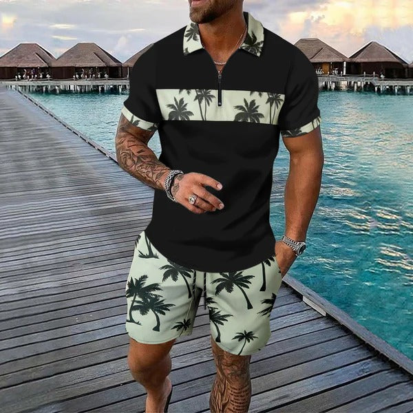 Men’s Casual Suit Set – Tropical Print – Zip Polo Shirt – Drawstring Shorts – Regular Fit