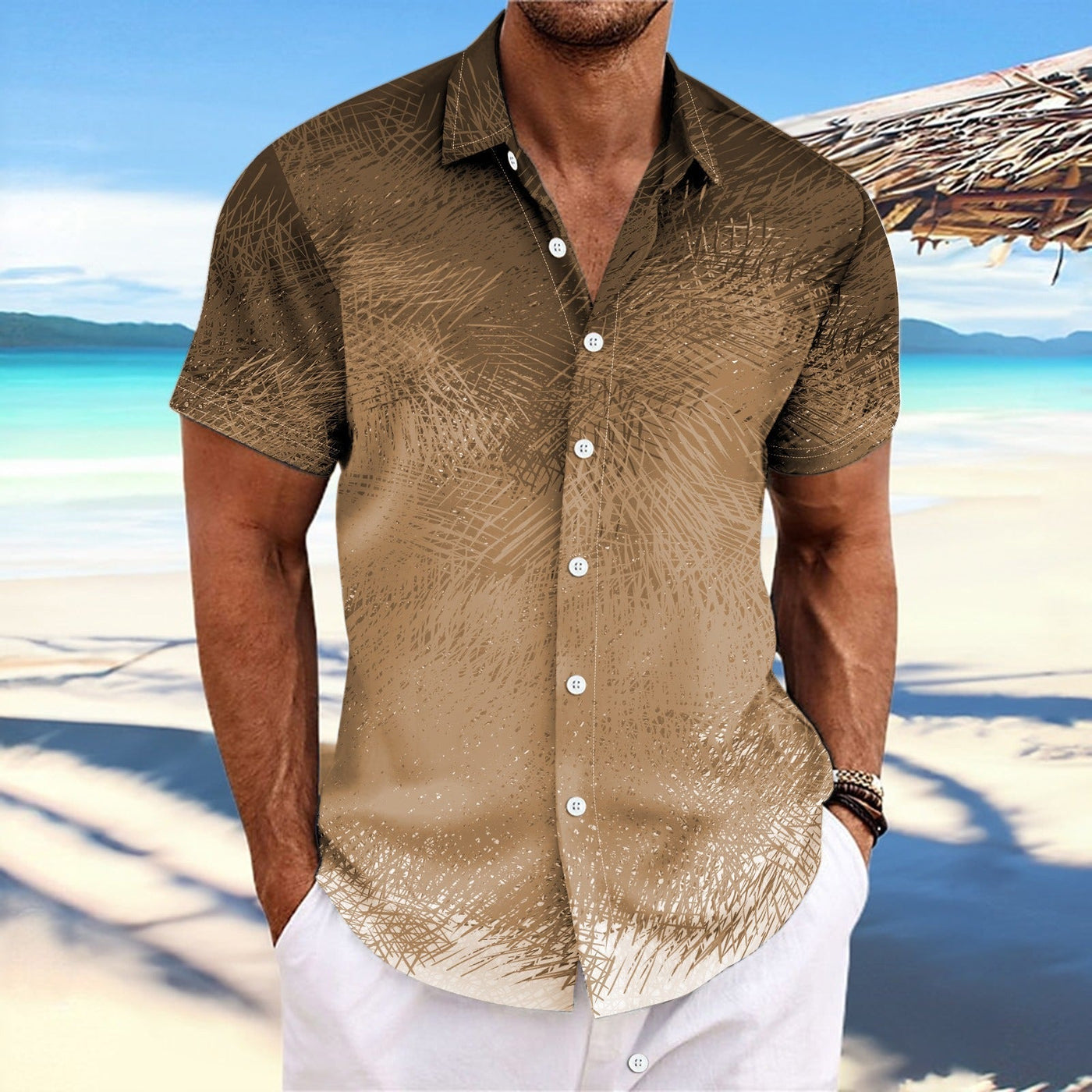 Men’s Short Sleeve Shirt – Relaxed Fit – Cotton Blend – Gradient Stripe – Button-Up