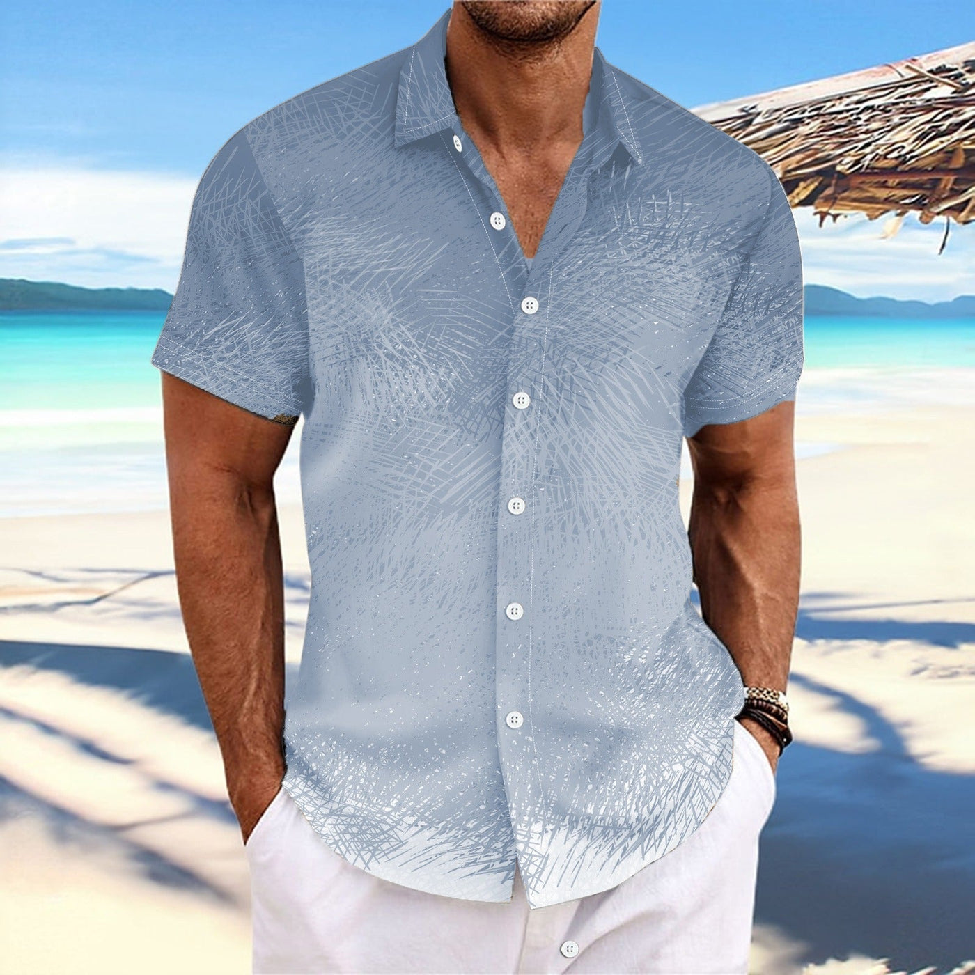 Men’s Short Sleeve Shirt – Relaxed Fit – Cotton Blend – Gradient Stripe – Button-Up