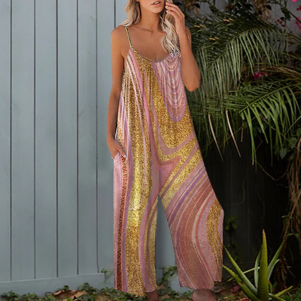 Women’s Jumpsuit – Relaxed Fit – Wide Leg – Spaghetti Straps – Cotton Blend – Abstract Print – Full Length