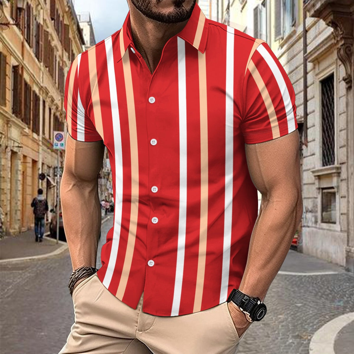 Men’s Button-Up Shirt – Slim Fit – Cotton – Vertical Stripe – Short Sleeve Casual