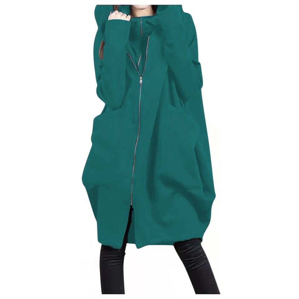 Women’s Mid-Length Coat – Oversized Fit – Hooded – Zipper Front – Casual Wear