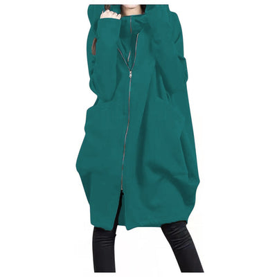 Women’s Mid-Length Coat – Oversized Fit – Hooded – Zipper Front – Casual Wear