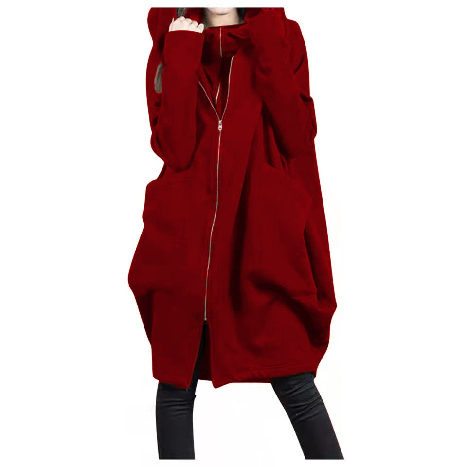 Women’s Mid-Length Coat – Oversized Fit – Hooded – Zipper Front – Casual Wear