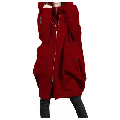 Women’s Mid-Length Coat – Oversized Fit – Hooded – Zipper Front – Casual Wear