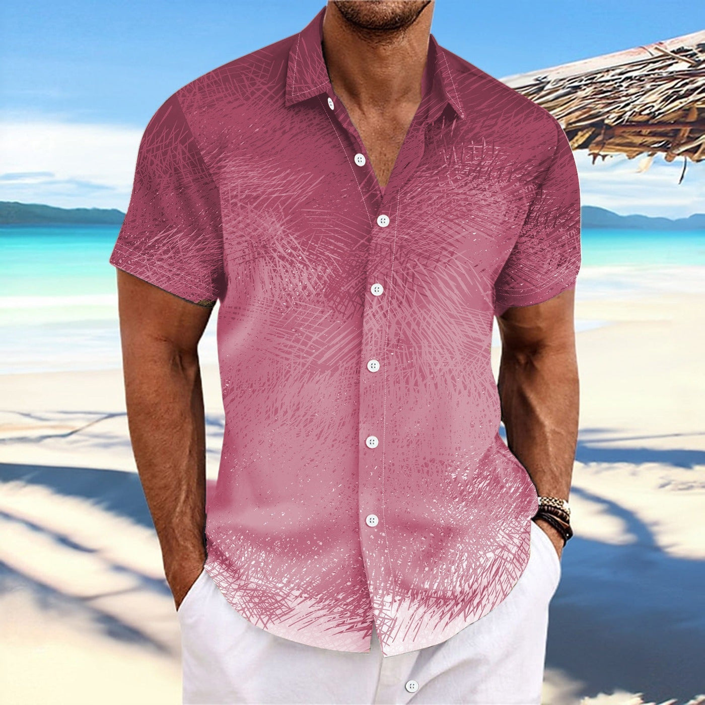 Men’s Short Sleeve Shirt – Relaxed Fit – Cotton Blend – Gradient Stripe – Button-Up