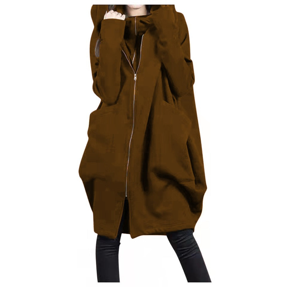 Women’s Mid-Length Coat – Oversized Fit – Hooded – Zipper Front – Casual Wear